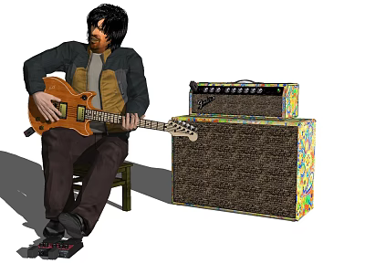 Man Sitting On Chair Playing Electric Guitar With Amplifier And Pedal 3d model