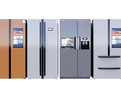 Modern Refrigerators And Freezers With Digital Screens And Various Color Designs 3d model