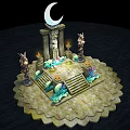 Cartoon Scene Featuring Crescent Moon Stone Platform Statues Flames And Water Waves 3d model