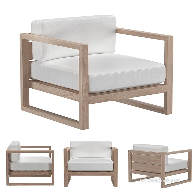 Modern Wooden Frame Leisure Chair With White Cushion Armrest And Simple Design 3d model 