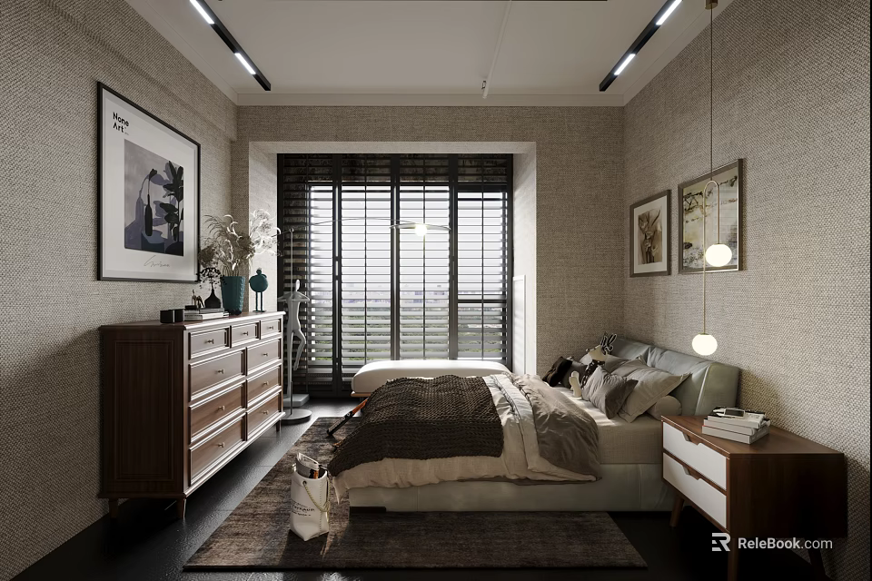 Modern Bedroom Interior Design With Bed Dresser Nightstand Framed Art And Window Blinds 3d model 