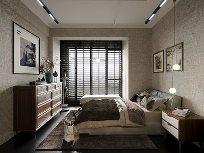Modern Bedroom Interior Design With Bed Dresser Nightstand Framed Art And Window Blinds 3d model