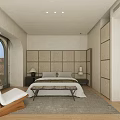 Modern Bedroom Interior With Arched Window Upholstered Headboard Wooden Nightstand And Area Rug