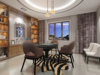 Spacious Hotel Mahjong Room With Mahjong Table Chairs Striped Rug Bookshelves And Night View Window 3d model