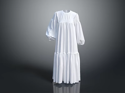 Elegant White Long Sleeve Dress With Frilled Hem And Loose Fit 3d model