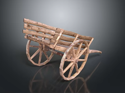 Antique Wooden Cart With Large Spoked Wheels And Rustic Wooden Structure 3d model