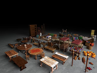 Rustic Wooden Furniture And Handcrafted Items With Tables Chairs Shelves Ladder Baskets Pottery And Fruits 3d model