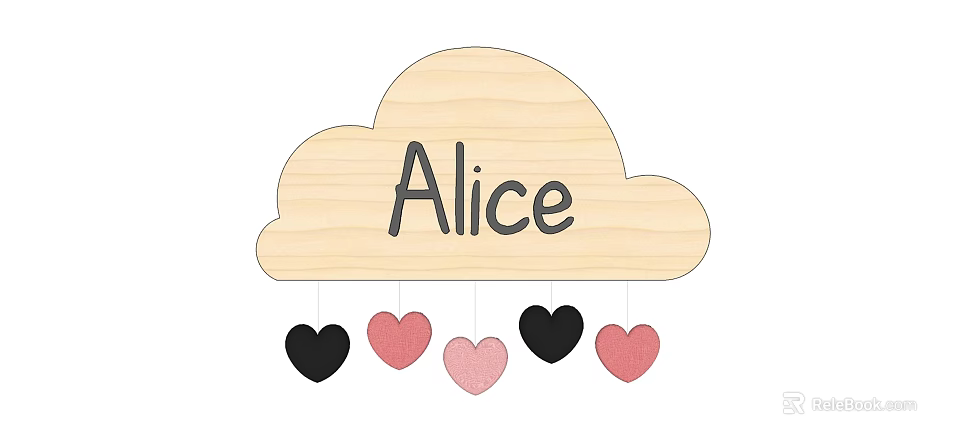 Wooden Cloud Shaped Wall Decor With Alice Name And Hanging Colorful Hearts 3d model 
