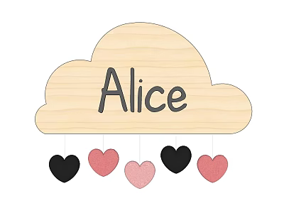 Wooden Cloud Shaped Wall Decor With Alice Name And Hanging Colorful Hearts 3d model