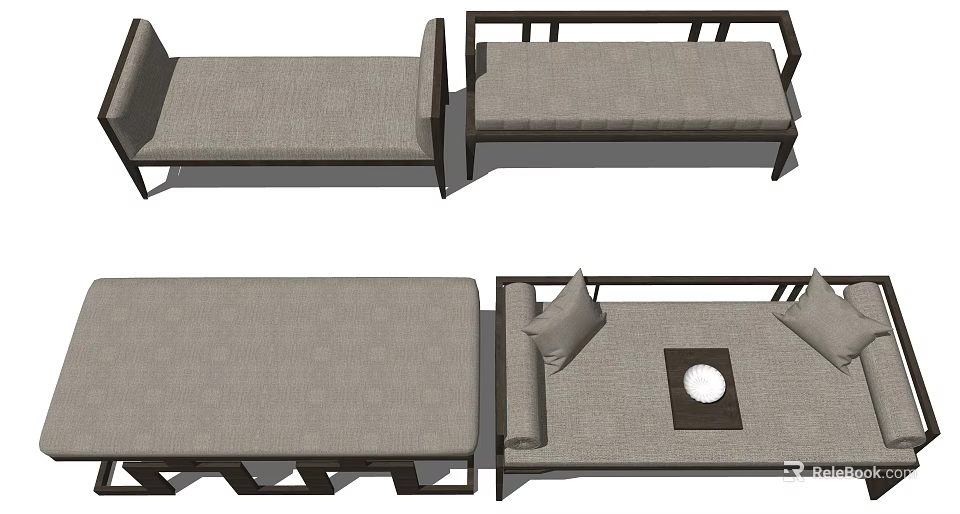 Modern Ottoman With Linen Cushion And Wooden Frame For Living Room Decor 3d model 
