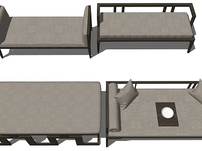 Modern Ottoman With Linen Cushion And Wooden Frame For Living Room Decor 3d model