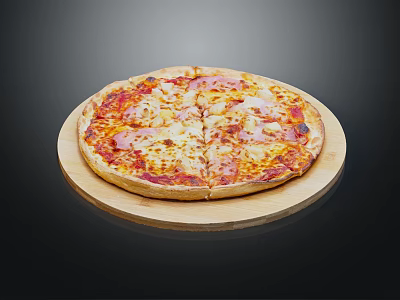 Delicious Freshly Baked Pizza Topped With Ham Cheese On Wooden Plate 3d model