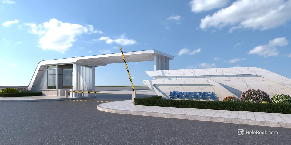 White Modern Entrance Gate with VENTUSCHI Sign Yellow Black Railings and Blue Sky 3d model 