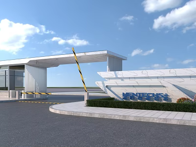 White Modern Entrance Gate with VENTUSCHI Sign Yellow Black Railings and Blue Sky 3d model
