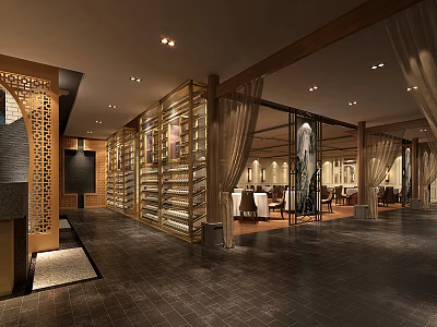 Traditional Modern Restaurant Interior Design Featuring Wooden Wine Racks Lattice Screens And Dining Tables 3d model