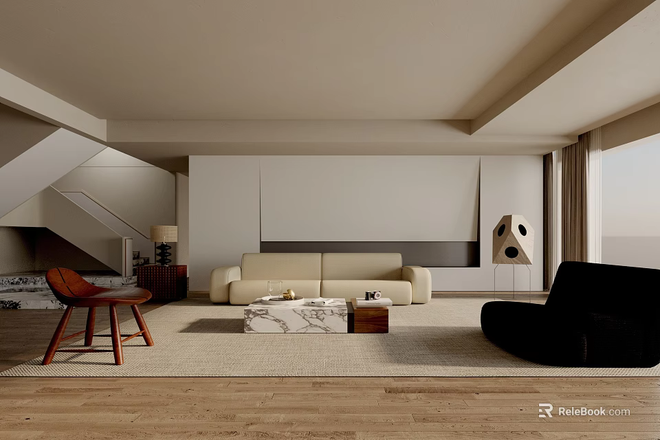 Modern Minimalist Living Room With Beige Sofa Black Armchair And Marble Coffee Table 3d model 