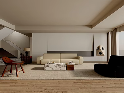 Modern Minimalist Living Room With Beige Sofa Black Armchair And Marble Coffee Table 3d model