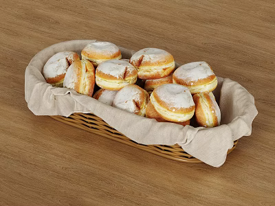 Fresh Donuts with Powdered Sugar in Wicker Basket on Wooden Table with Cloth Lining 3d model