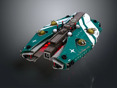 Futuristic Green And White Scifi Spaceship With Red Thrusters And Turret Details 3d model