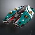 Futuristic Green And White Scifi Spaceship With Red Thrusters And Turret Details