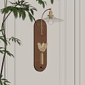 Modern Wall Lamp With Wooden Backboard Brass Accents And Dried Pampas Grass