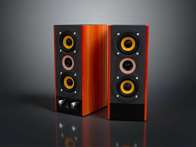 Modern Wooden Audio Speakers With Black Panel Yellow Drivers Home Entertainment 3d model