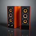 Modern Wooden Audio Speakers With Black Panel Yellow Drivers Home Entertainment