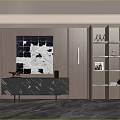 Modern Decorative Cabinet With Wooden Shelves Displaying Decor Items In Elegant Interior With Lighting