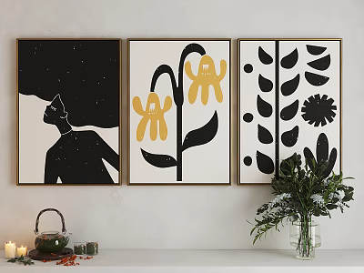 Modern Wall Art Decor With Abstract Black Yellow Patterns And Green Plant Vase 3d model