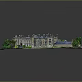 Cartoon Scene of a Large Castle with Green Lawn Trees Curved Driveway and Small Car