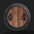 Round Decorative Shield With Ornate Frame Red And White Pattern Wooden Texture And Metal Accents