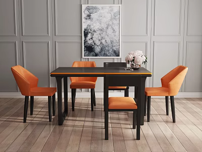 Modern Dining Table Set with Black Tabletop Orange Chairs Vase Flowers and Wall Art in Interior 3d model
