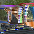 Outdoor Artistic Colorful Curved Pergola With Perforated Lattice And Green Plant Surroundings