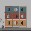 Colorful Three Panel Room Divider with Geometric Circle Patterns and Vase with Green Branches