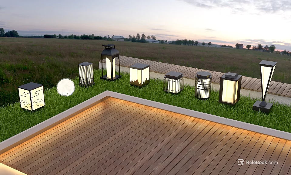 Outdoor Lights in Various Styles for Wooden Deck and Grass Area Evening Setting 3d model 