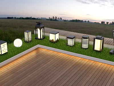 Outdoor Lights in Various Styles for Wooden Deck and Grass Area Evening Setting 3d model