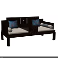 Traditional Chinese Wooden Daybed With Patterned Cushions Central Drawer And Cylindrical Bolsters