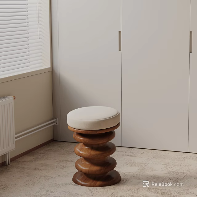 Modern Round Side Table With Spiral Wooden Base And Beige Cushion In Room Corner 3d model 