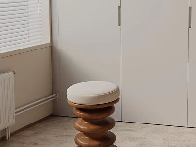 Modern Round Side Table With Spiral Wooden Base And Beige Cushion In Room Corner 3d model