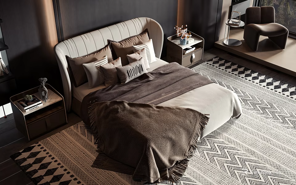 Elegant Double Bed with Upholstered Headboard Plush Pillows Side Nightstands and Geometric Rug 3d model 