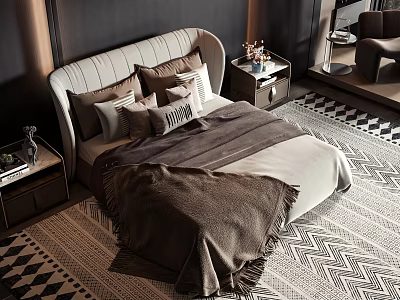 Elegant Double Bed with Upholstered Headboard Plush Pillows Side Nightstands and Geometric Rug 3d model