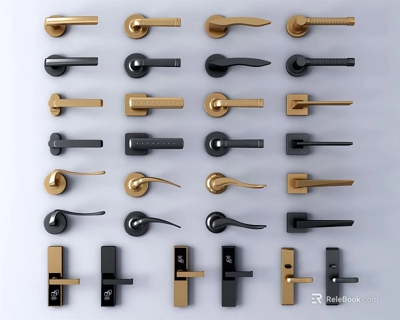 Gold And Black Door Handles In Various Styles Neatly Arranged For 3d model 