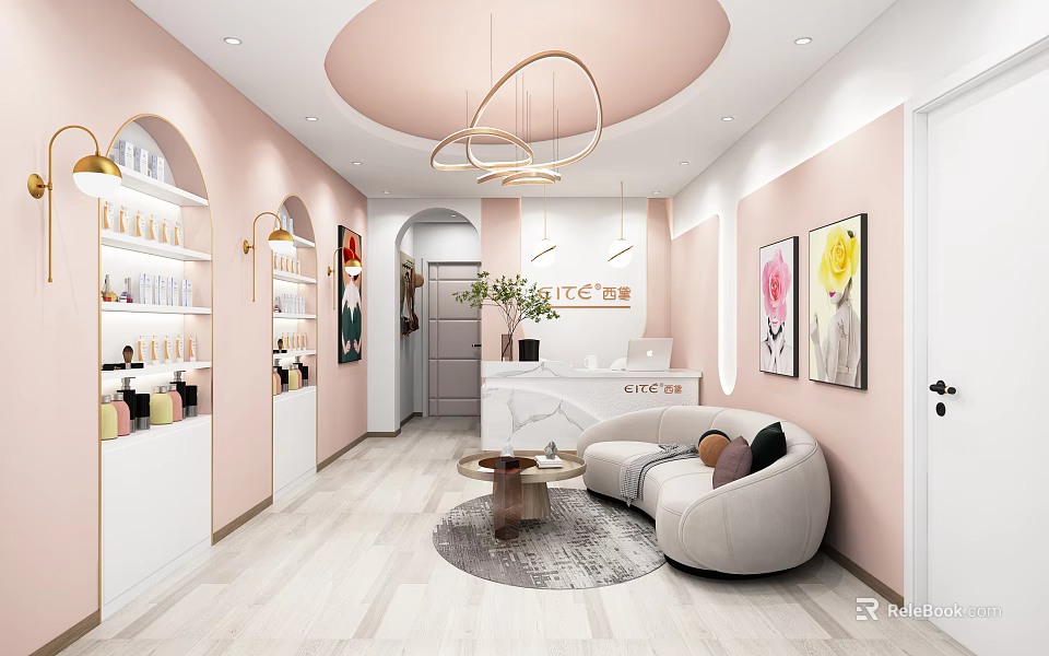 Beauty Hair Salon Interior Design With Pink Walls Arched Decor Chandeliers And Stylish Reception Area 3d model 