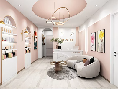 Beauty Hair Salon Interior Design With Pink Walls Arched Decor Chandeliers And Stylish Reception Area 3d model