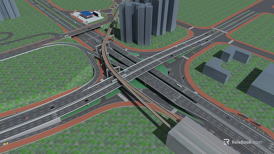 Modern Multi Level Highway Interchange With High Rise Buildings And Green Spaces 3d model 