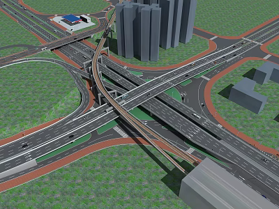 Modern Multi Level Highway Interchange With High Rise Buildings And Green Spaces 3d model