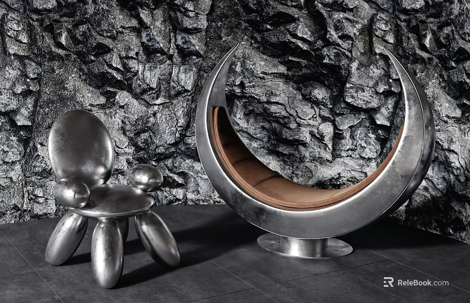 Stylish Silver Metallic Leisure Chairs with Crescent Design and Brown Cushion Against Rock Wall 3d model 