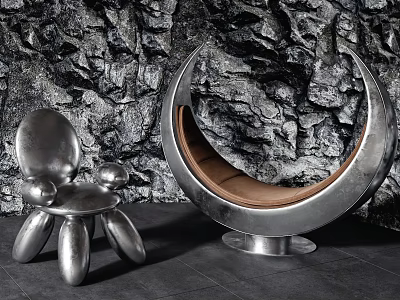 Stylish Silver Metallic Leisure Chairs with Crescent Design and Brown Cushion Against Rock Wall 3d model