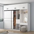 Modern White Wardrobe with Sliding Doors Hanging Clothes Open Shelves and Decorative Items