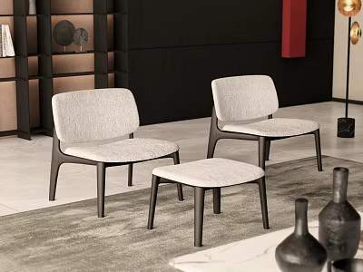Two Light Gray Upholstered Accent Chairs With Ottoman In Modern Interior Rug And Decorative Vases 3d model